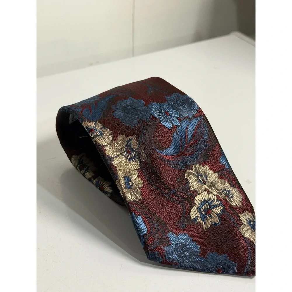 VTG Envoy Necktie Burgundy Floral Jacquard Tall Extra Length Silk Blend Mens